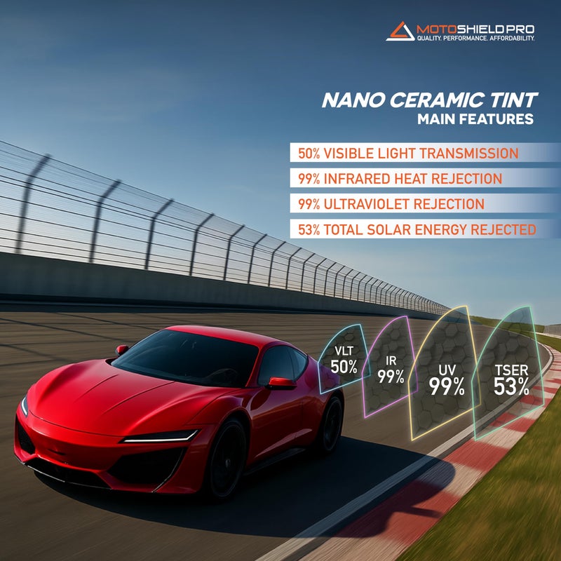 MotoShield Pro 50% VLT Nano Ceramic Window Tint for Car 24â€ in x 10â€™ ft 2PLY Roll High Heat Rejection & Glare Reduction Auto Tint Privacy Film, Rejects up to 99% IRR, 99% UV Blocking, Easy DIY Shrink - Image 2